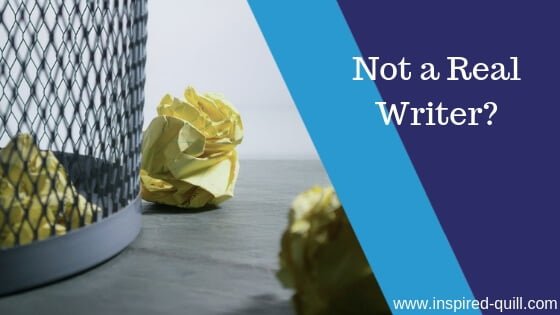 A blog feature image showing a ball of paper next to a metal wastebasket and the title 'Not a Real Writer?' over the top