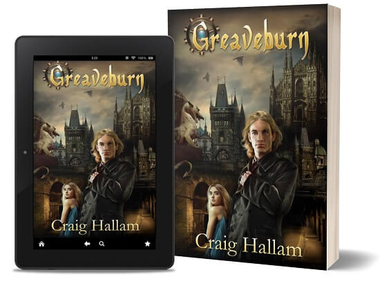 A book-and-ipad composite of the Greaveburn front cover
