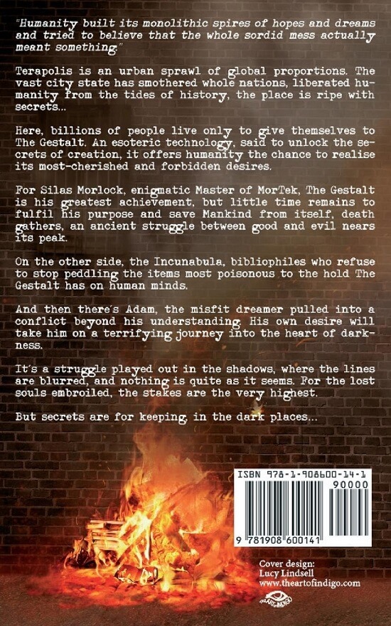 Back cover of cyber-dystopian novel Silas Morlock (by Mark Cantrell)