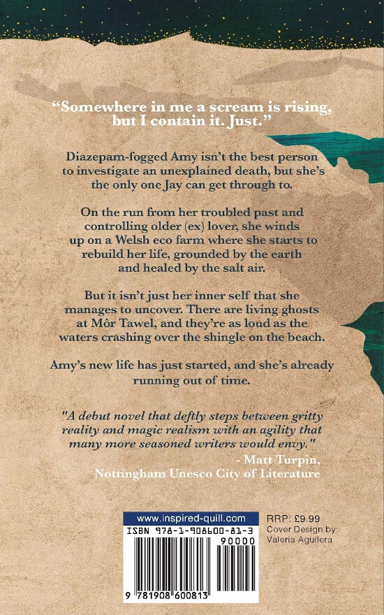 Back cover of literary magical realism novel Blue Tide Rising (by Clare Stevens)