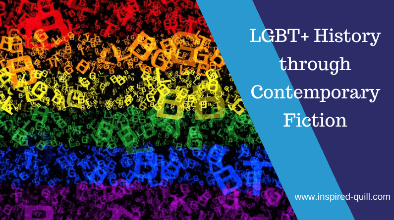 A blog feature image showing a letter-cloud rainbow with the title 'LGBT+ History through Contemporary Fiction' over the top
