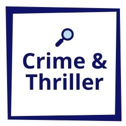 Square blue icon with a spyglass silhouetted and the words 'Crime and Thriller' below it