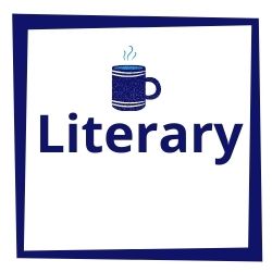 Square blue icon with a steaming mug of tea and the word 'literary' below it