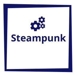 Square blue icon with four cogs silhouetted and the word 'Steampunk' below them