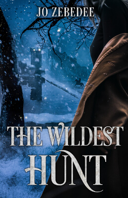 Fantasy book cover for The Wildest Hunt by Jo Zebedee showing a snowy evening with a young woman overlooking a lido.