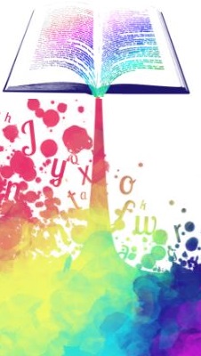 An open book with multicilour words spilling out into a rainbow waterfall of letters