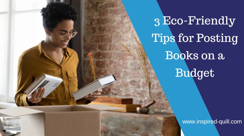 A blog feature image showing a young Black woman packing books with the title '3 Eco-Friendly Tips for Posting Books on a Budget' over the top