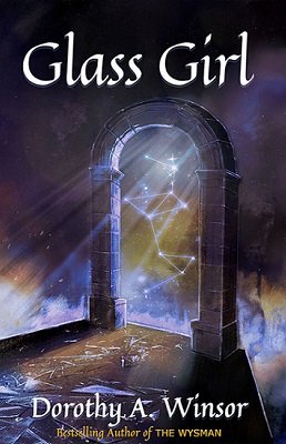 YA Fantasy fiction book cover for Glass Girl showing a stone doorway with a dragon constellation shining through it, with shards of glass on the ground below