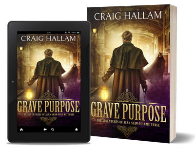 A book-and-ipad composite of the Grave Purpose front cover on a transparent background