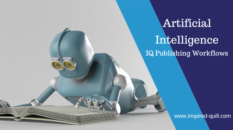 A blog feature image showing a robot lying on its front reading a book with the title 'Artificial Intelligence: IQ Publishing Workflows' over the top