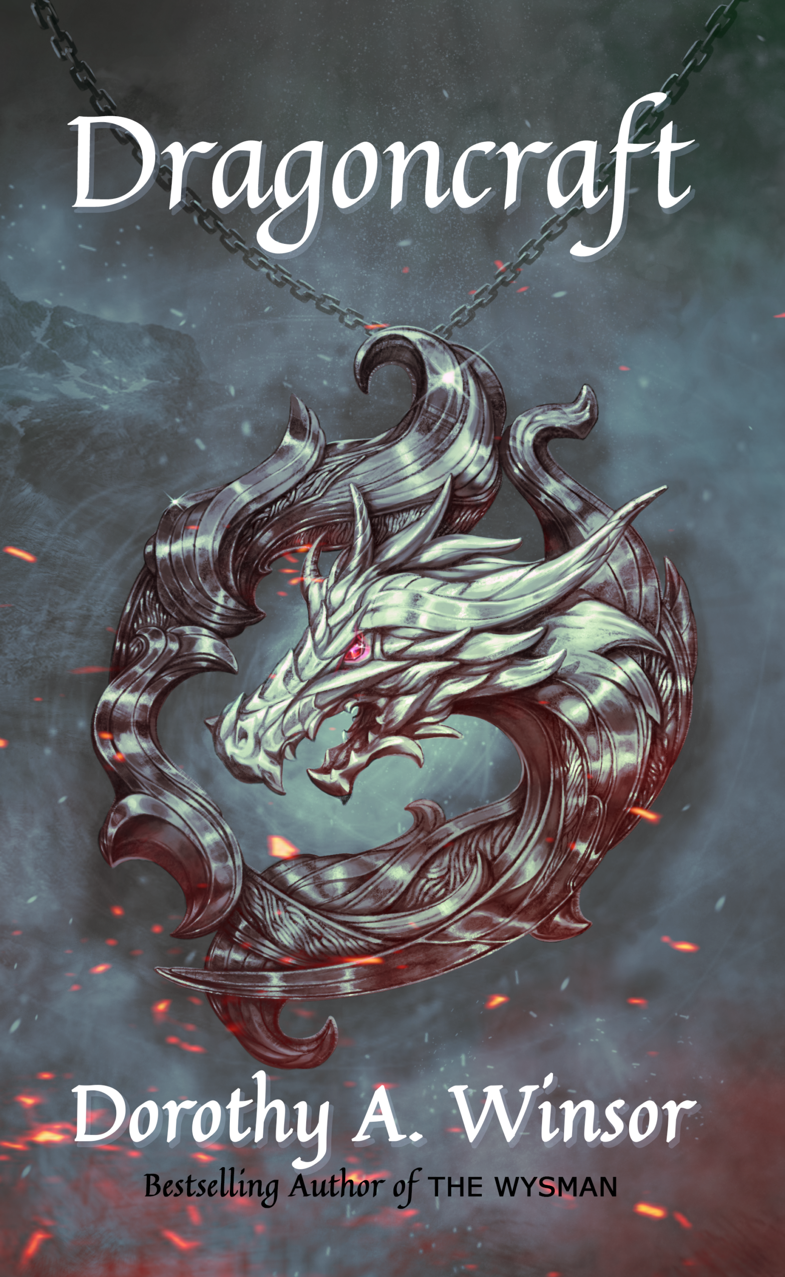 YA Fantasy fiction book cover for Dragoncraft showing an illustrated metallic pendant in the shape of a dragon with a glowing red eye